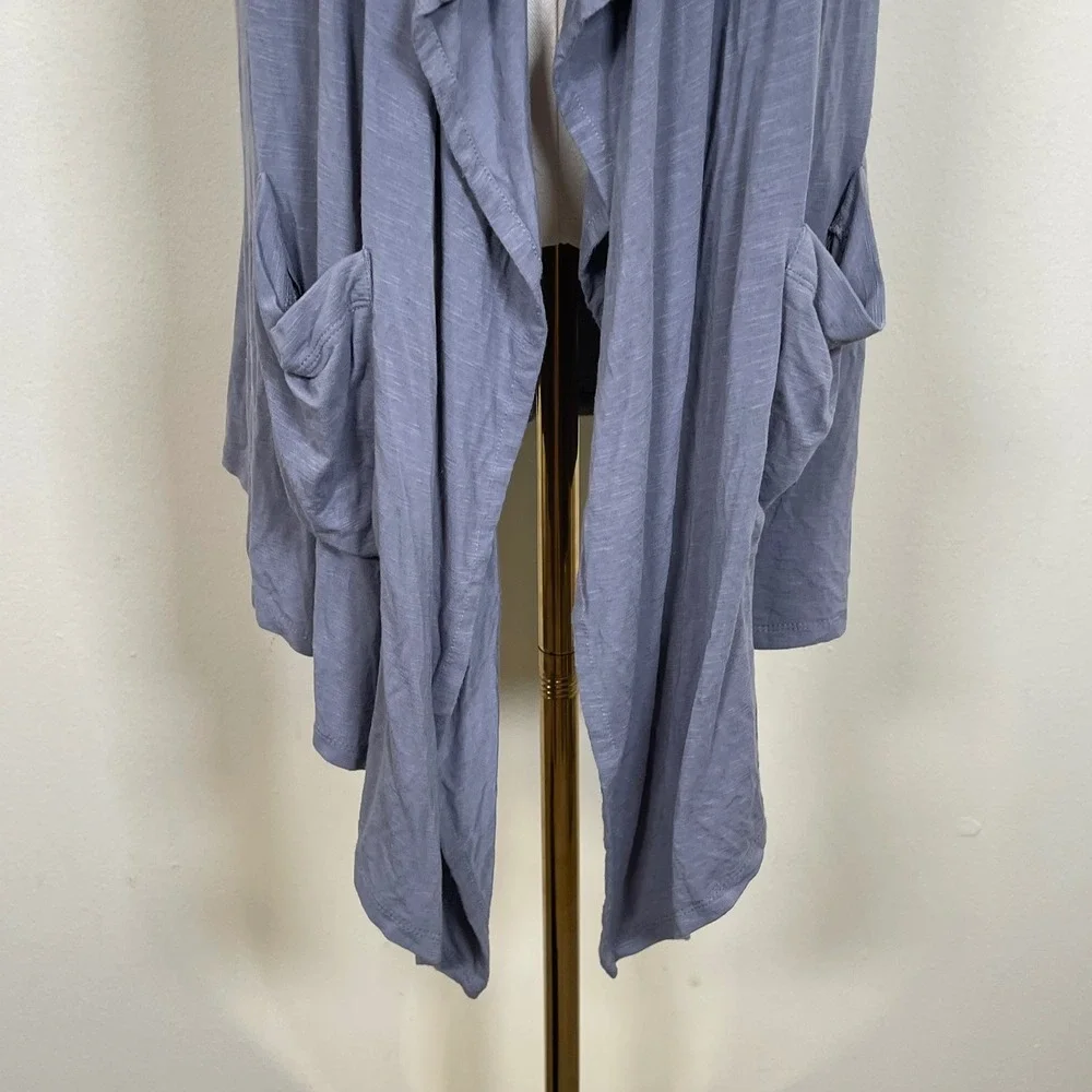 LOGO‎ Lori Goldstein Hooded Vest Women M Blue Gray Sleeveless Open Front Draped